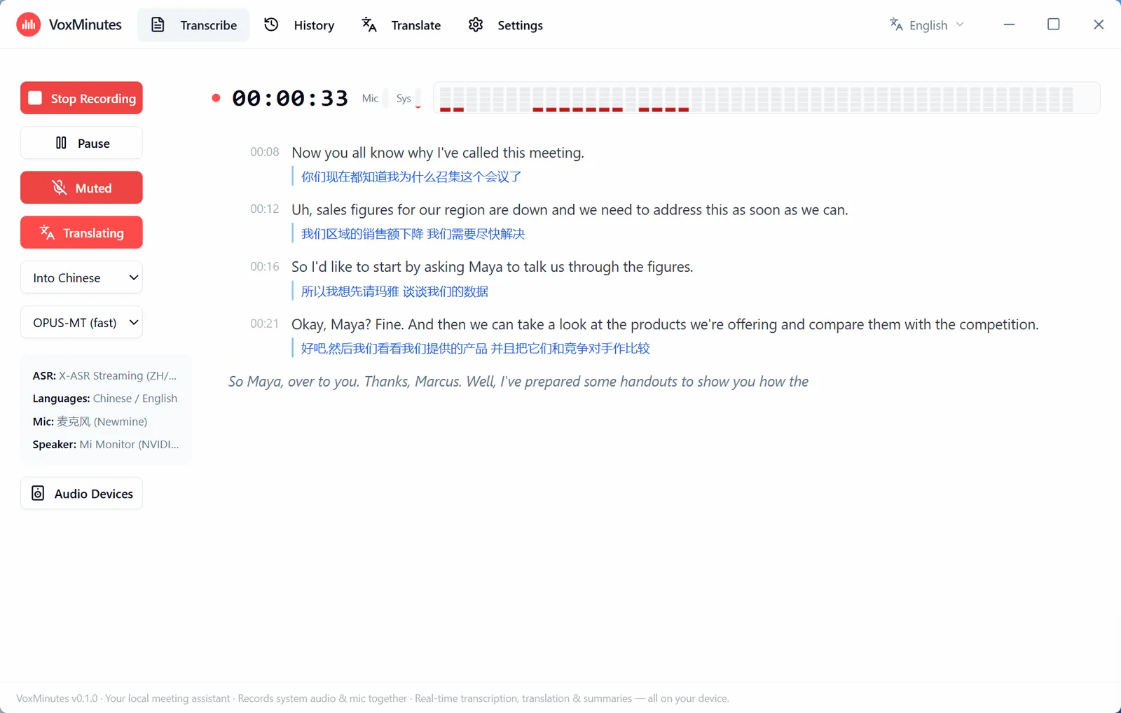 VoxMinutes live transcription and live translation window